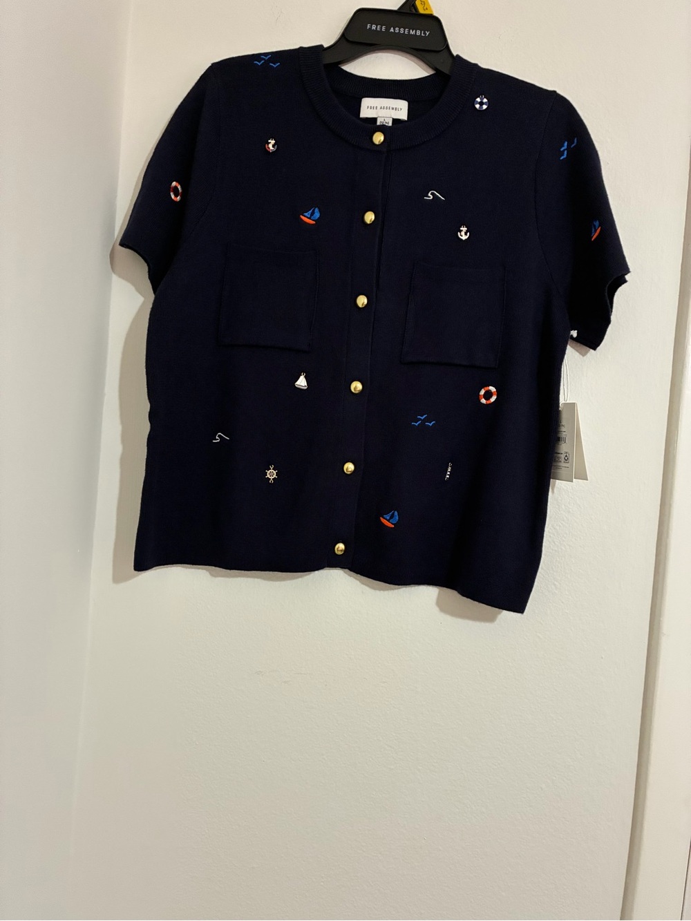Free Assembly Navy Embroidered Short-Sleeve Cardigan Sweater